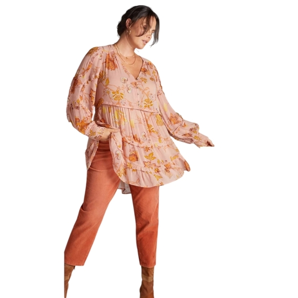 ANTHROPOLOGIE Floral Print Sheer Boho Tunic Top Sz XS - Picture 5 of 10
